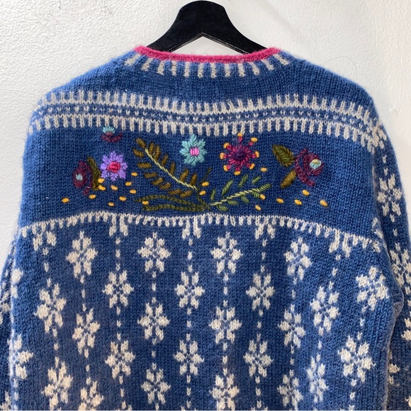 Vintage Lost Horizons Wool Floral Embroidered Fisherman Fair Isle Zip Sweater XL - Picture 8 of 14